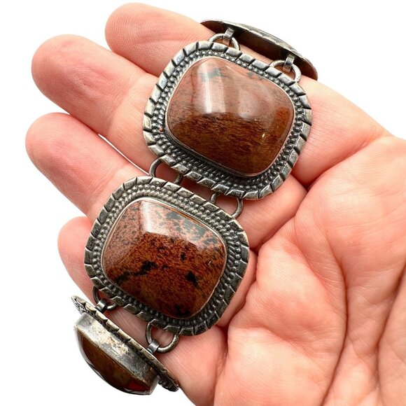 ATI Mexico Heavy Gemstone Sterling Silver Bracelet 7.5 Inch 99 Grams - Picture 1 of 4